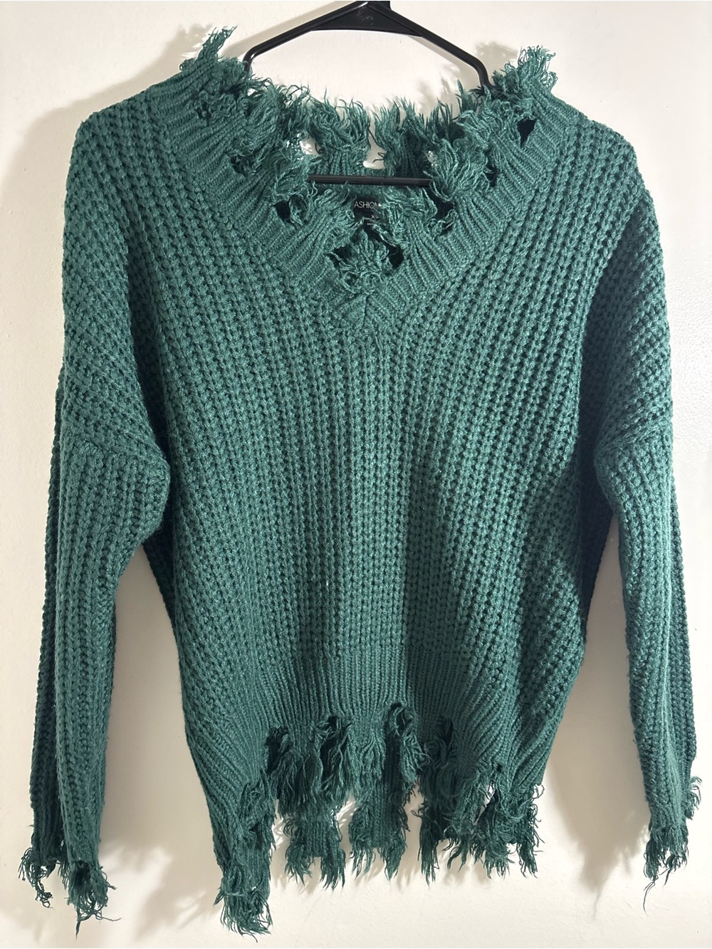 Fashion Nova Distressed V-Neck Sweater - Teal Green